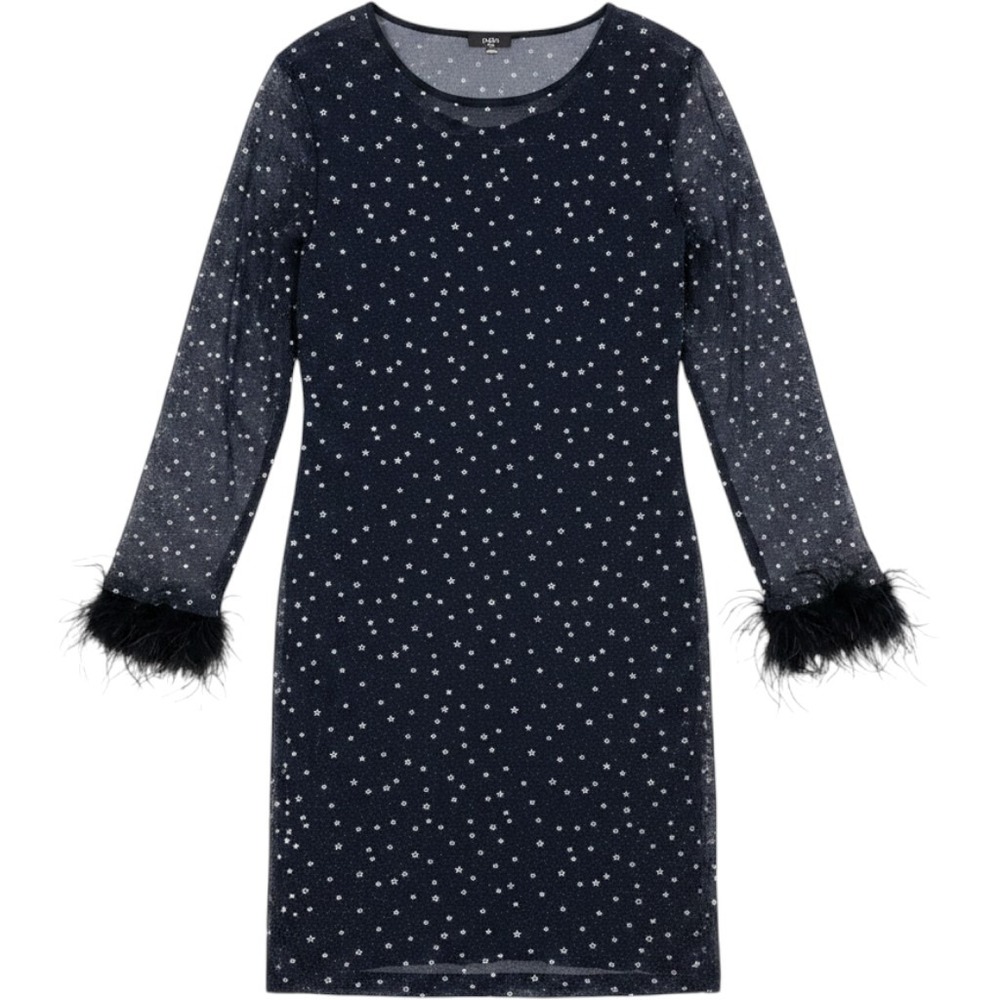 Navy Blue Star Print Mesh Mini Dress Faux Feather Cuff Long Sleeve XL Shimmer